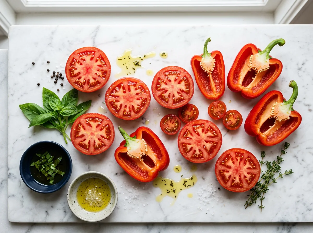 Ripe red tomatoes and red bell peppers on white marble - lycopene-rich produce