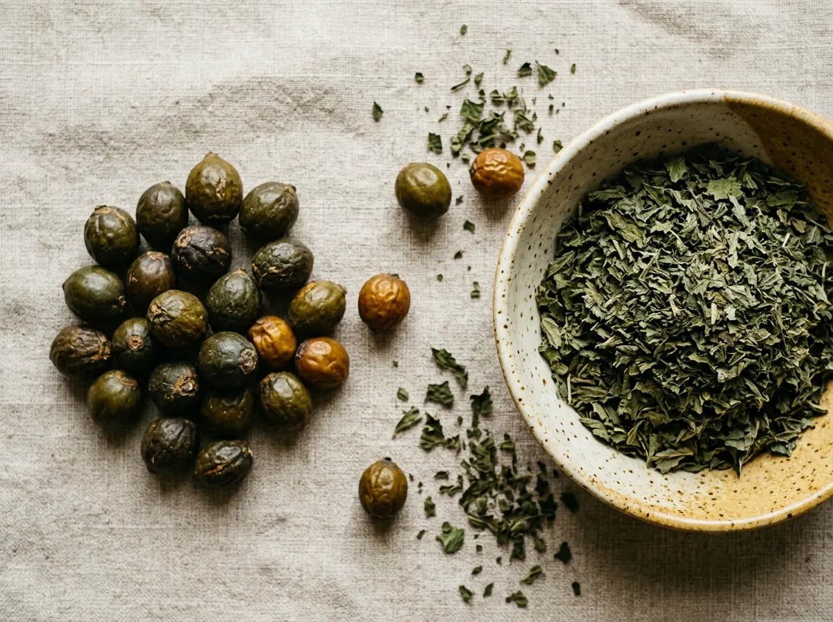 Saw palmetto berries and nettle leaves flat lay on linen surface