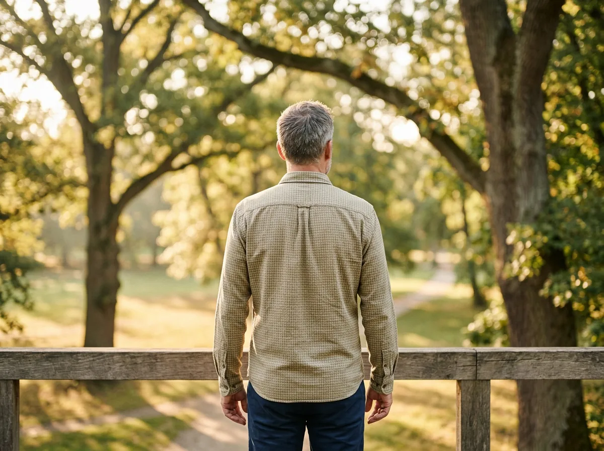 Anonymous man standing outdoors in morning light, relaxed posture, looking away into the distance